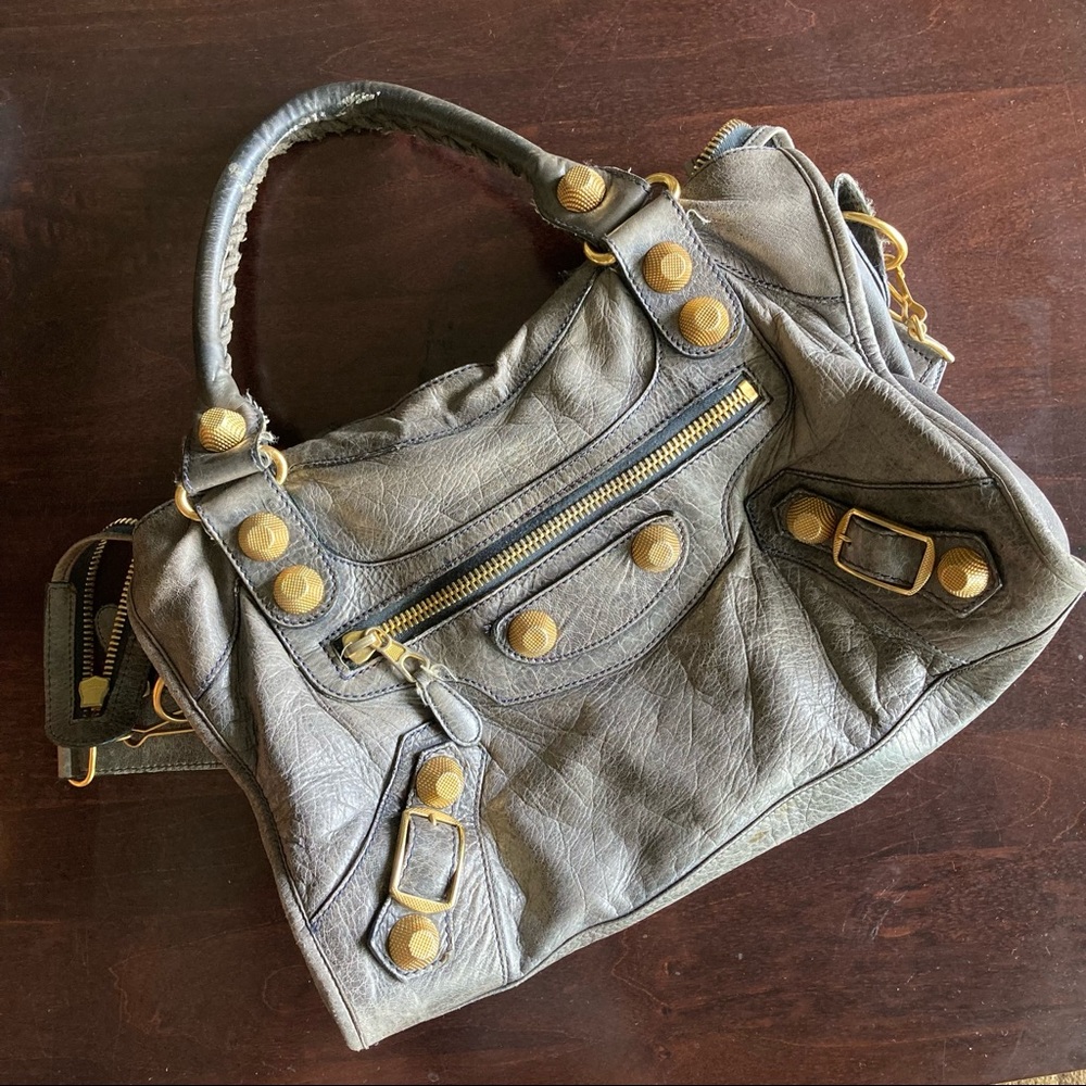 AUTH BALENCIAGA . PARIS Agneau Gold City Arena Bag Gray Motorcycle Tote